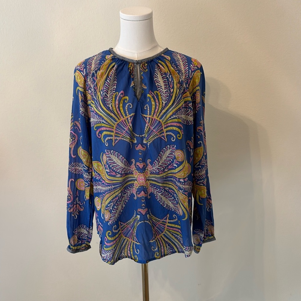 J. Crew Graphic Blue, Pink and Yellow Silk Blouse